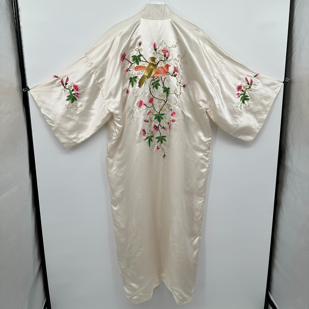 Vintage Lotus Kimono Robe Large 100% Pure Silk Embroidered Ornate Heirloom FLAW - Picture 7 of 16
